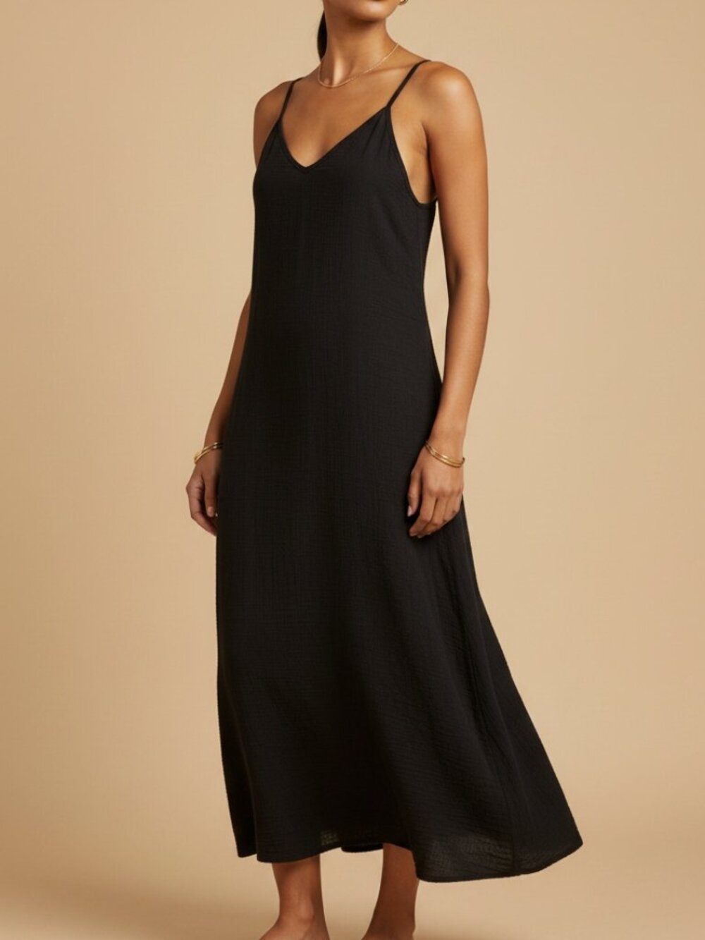 Nordstrom Womens Black 100% Cotton Gauze Ruffle Low Back Maxi Slip Dress Size L